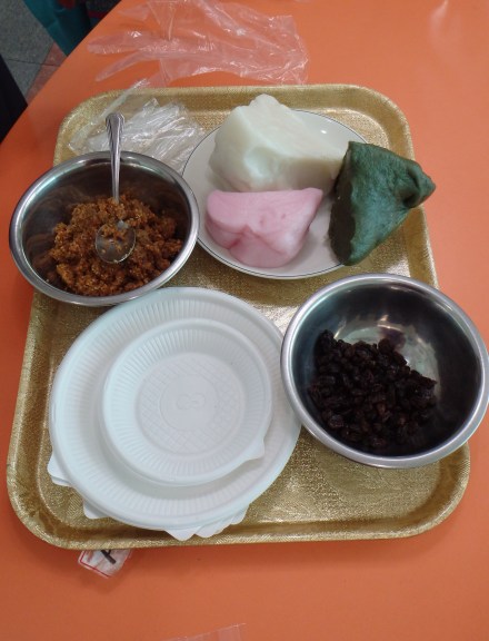 Our ingredients - rice dough, sesame seeds with brown sugar, and raisins