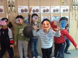 My kinder class in the masks that we made on Thursday 