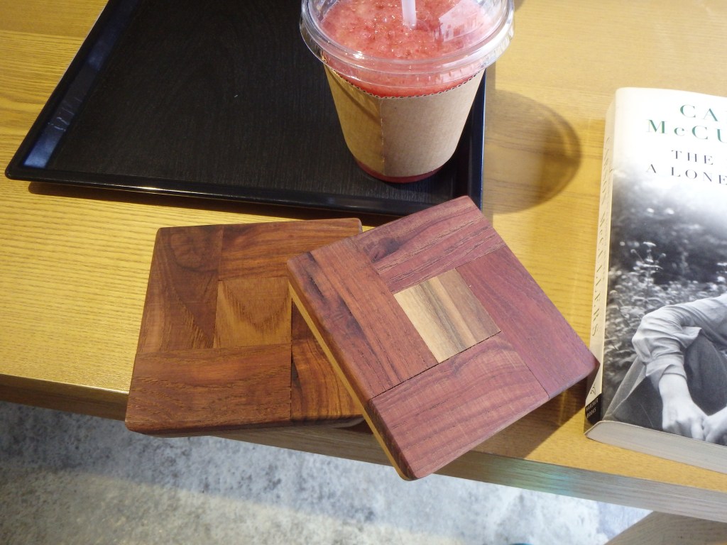 Handmade coasters, a strawberry smoothie, and a good book 