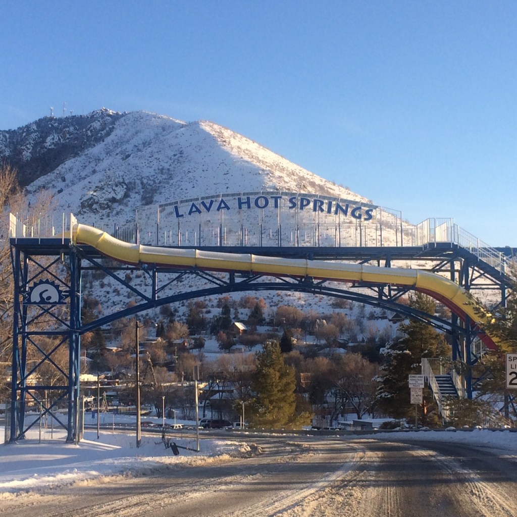 The road into town passes under the water slides at the aquatic center